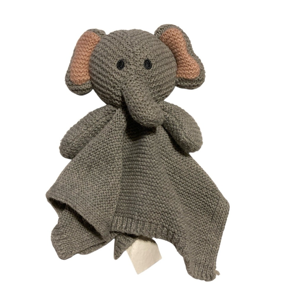 Modern Baby Lovey Elephant Grey Crochet Knit Pink Ears Soft eyes Embroidered